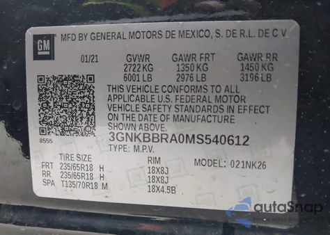 2021 Chevrolet Blazer Fwd 1Lt из США, поврежденный, VIN 3GNKBBRA0MS540612